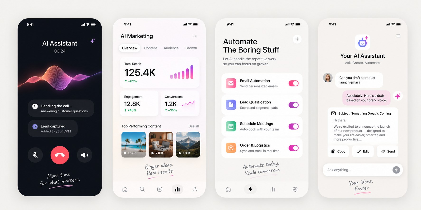 AI marketing and automation app screens