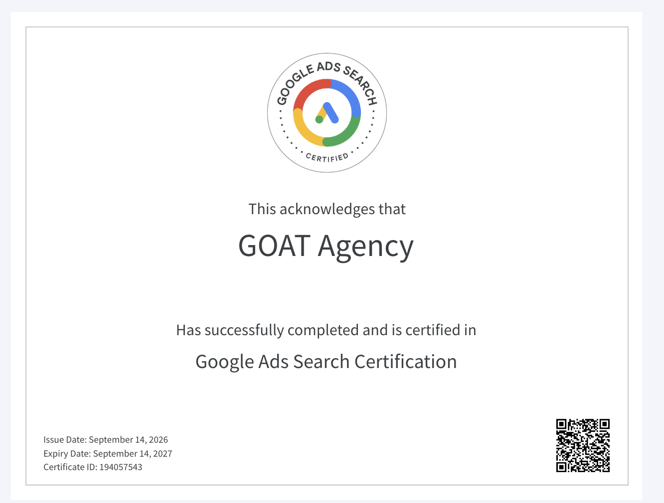 Google Ads Search Certification issued to GOAT Agency