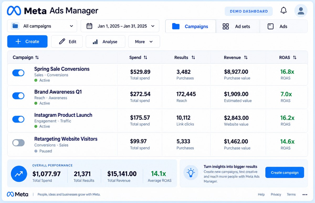 Meta Ads Manager campaign dashboard