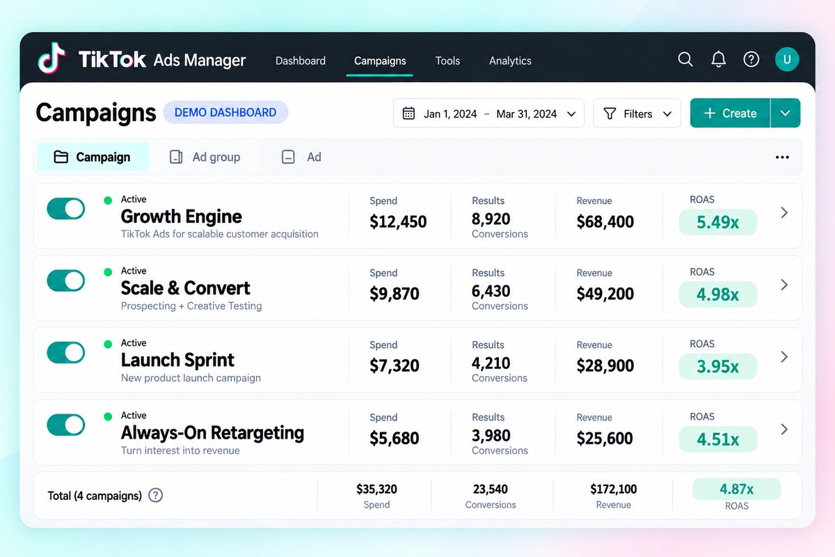 TikTok Ads Manager campaign dashboard