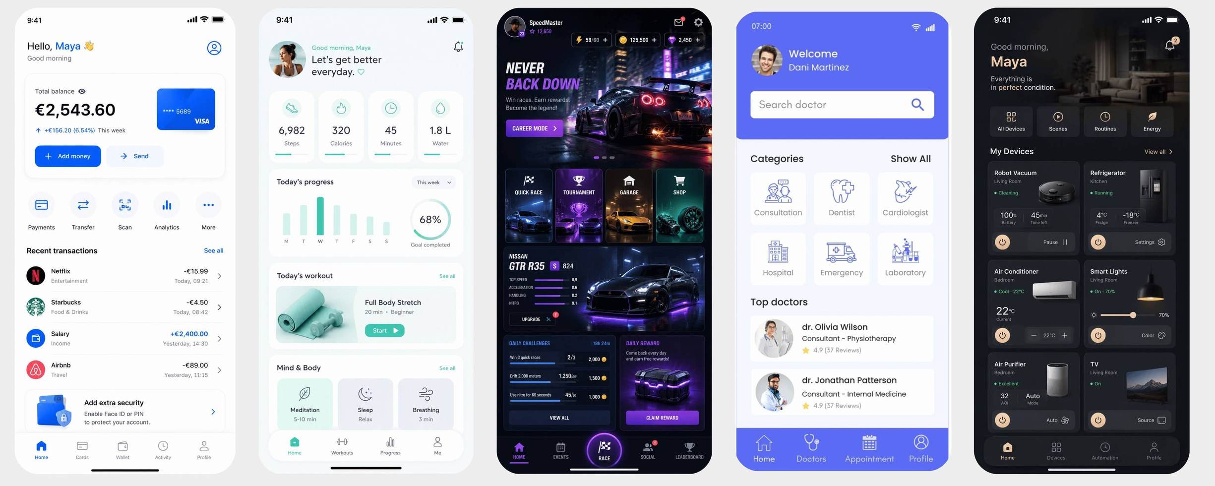 Mobile app UI designs across finance, fitness, gaming, healthcare and smart home